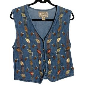 Vintage 90s denim cottagecore embroidered vest size M. Fall leaves